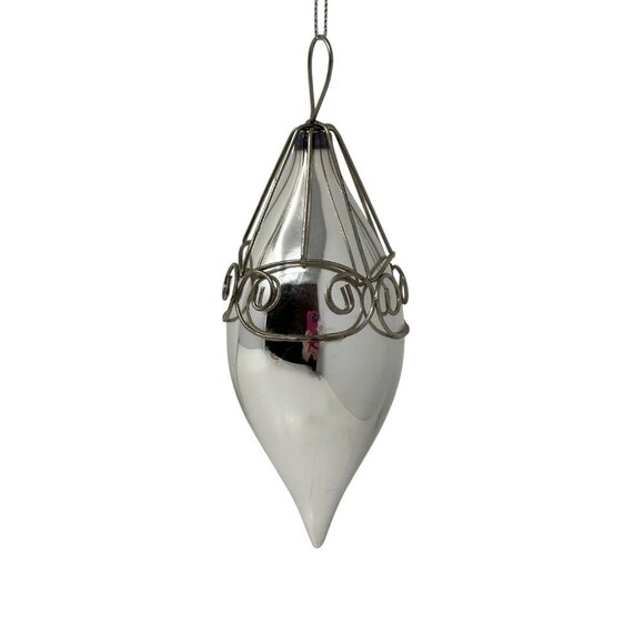 Vintage Silver Blown Glass Teardrop Christmas Ornament Wire Cage Mercury Finish - Picture 12 of 16